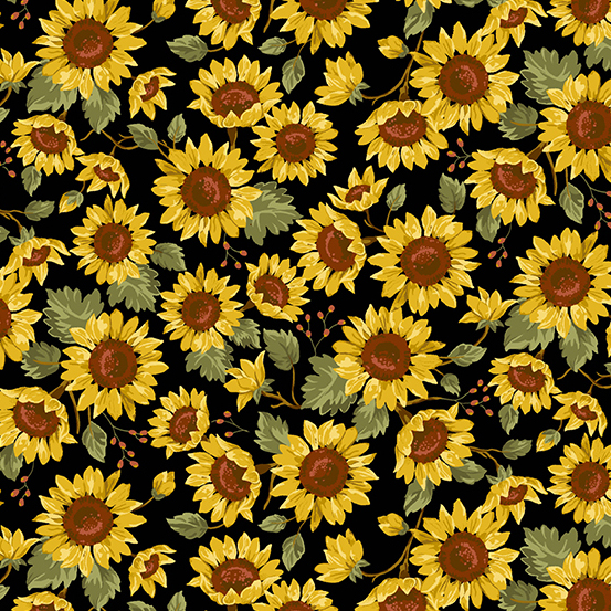 Sunflowers on Black Fabric By The Yard